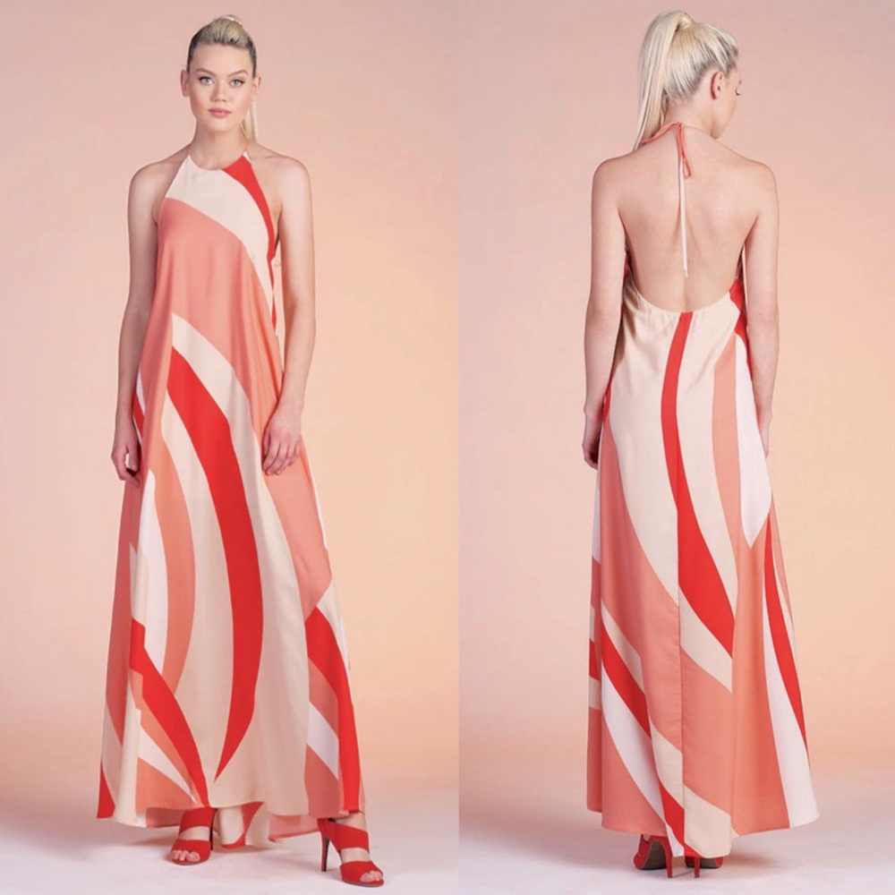 TYCHE Geo Curve Halter Top Maxi Dress Cream/Peach Print SMALL